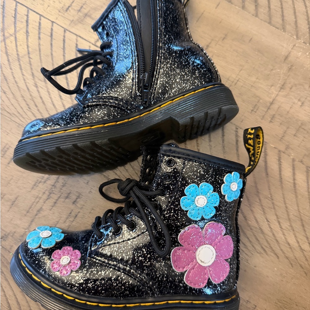 Black Glitter Doc Martens Boots size 8c with Floral detail